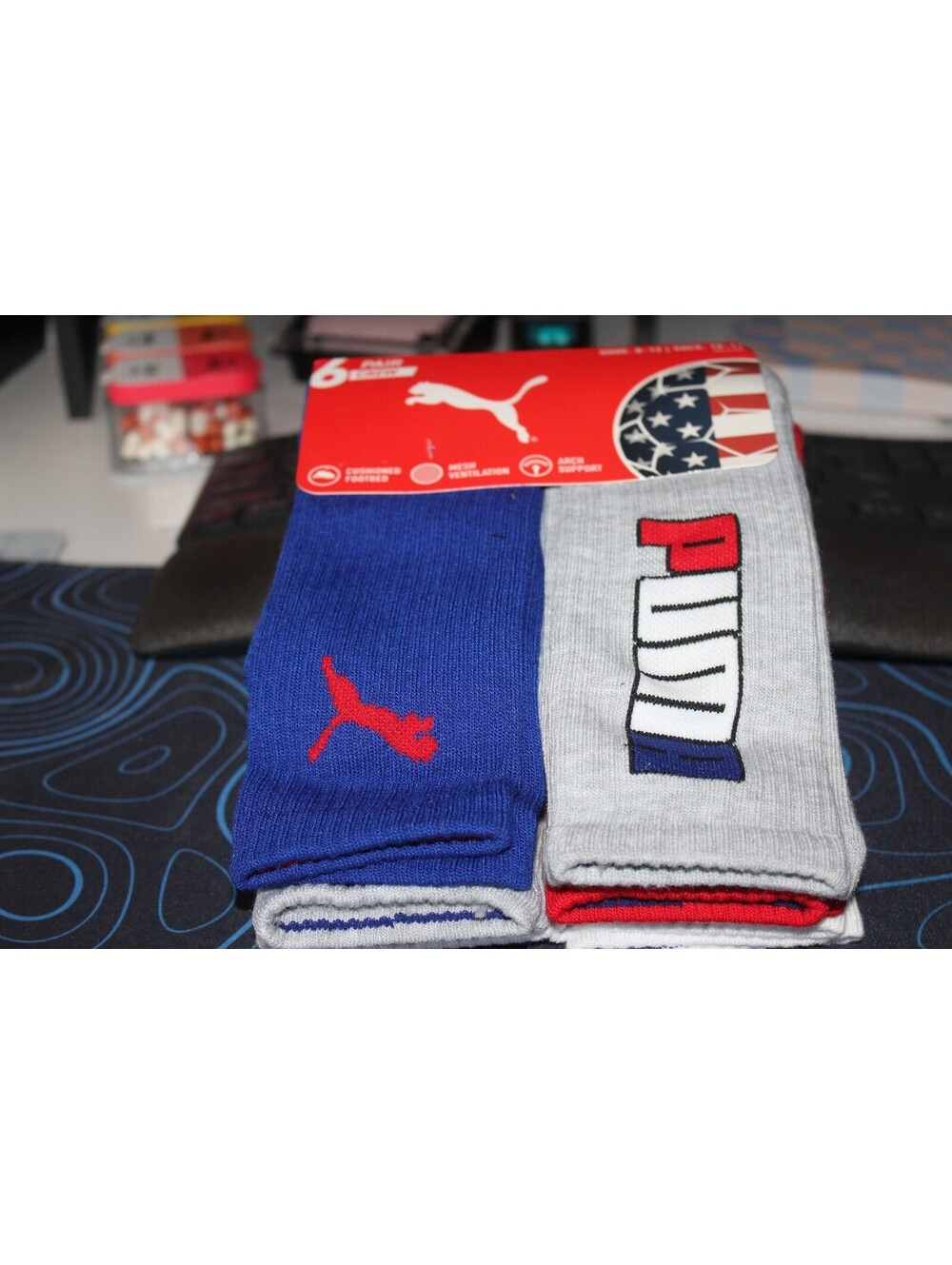 Puma Crew Socks 6‑Pack (Cushioned, Arch Support, Mesh Ventilation)